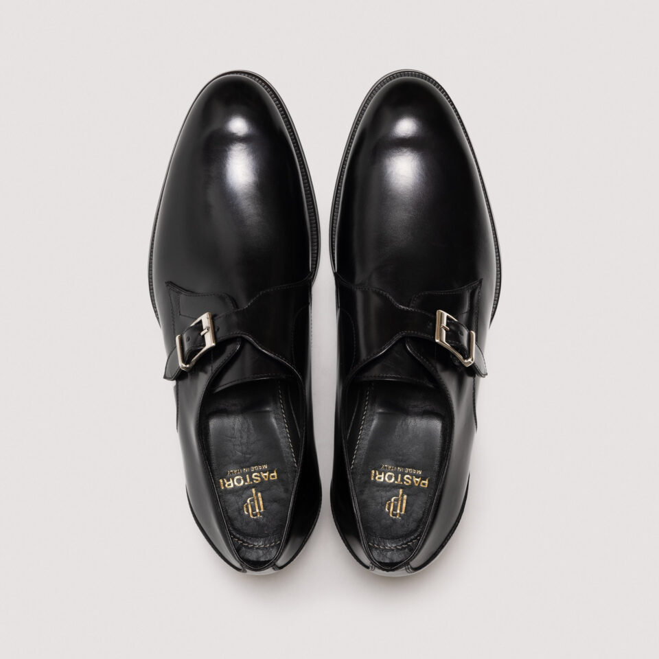 (product) Faustus Monk Strap Nero, Top view of the pair - custom suits nyc bespoke tailor midtown, noho