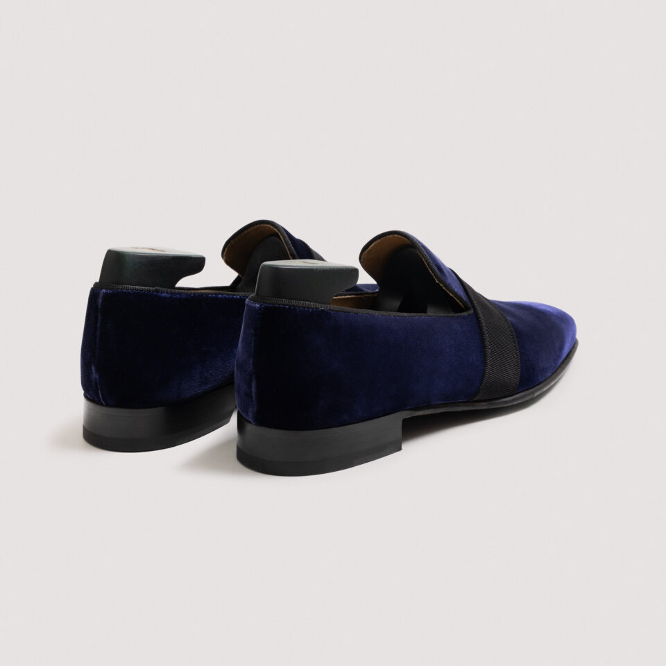 (product) Galba Navy Velvet Formal Loafer, Back view of the pair - custom suits nyc bespoke tailor midtown, noho