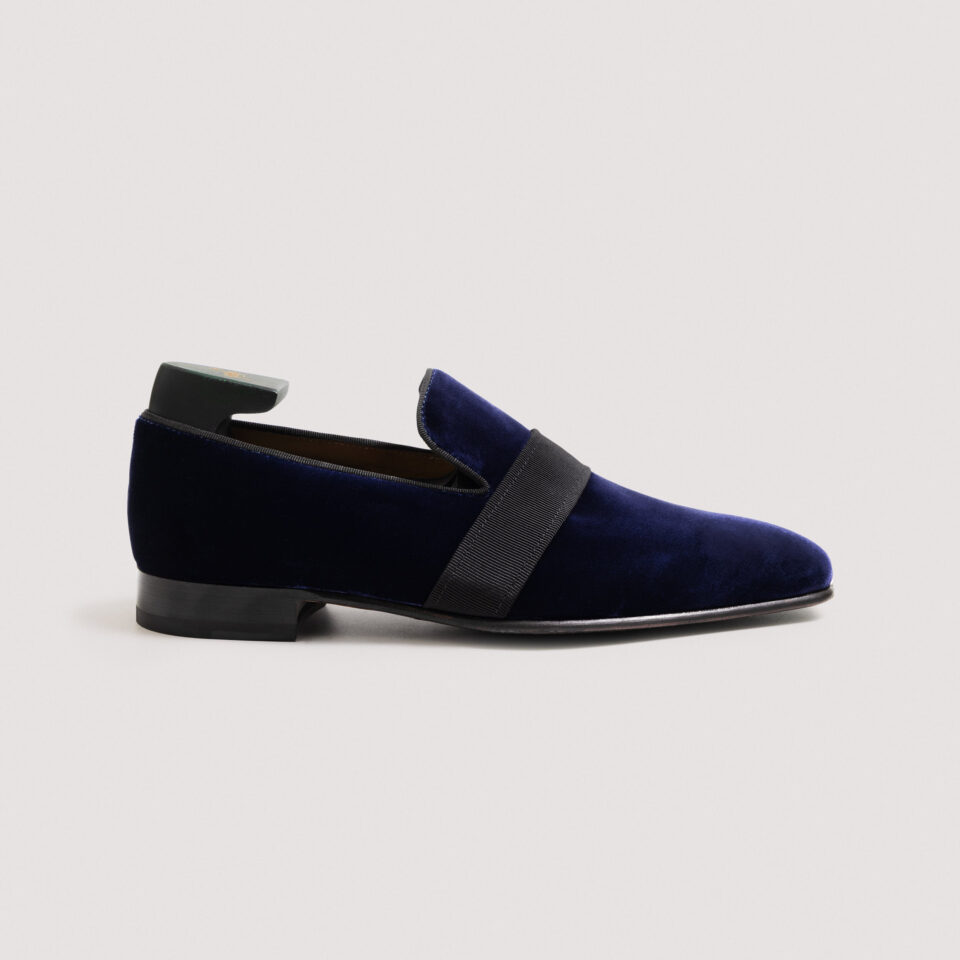 (product) Galba Navy Velvet Formal Loafer, Single shoe side view - custom suits nyc bespoke tailor midtown, noho