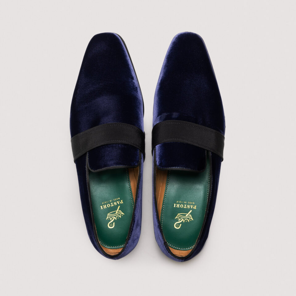 (product) Galba Navy Velvet Formal Loafer, Top view of the pair - custom suits nyc bespoke tailor midtown, noho