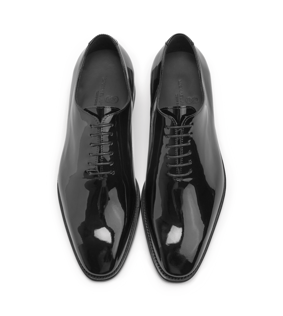 (product) Black Patent Leather Whole Cut Lace-Up, Top view of the pair - custom suits nyc bespoke tailor midtown, noho
