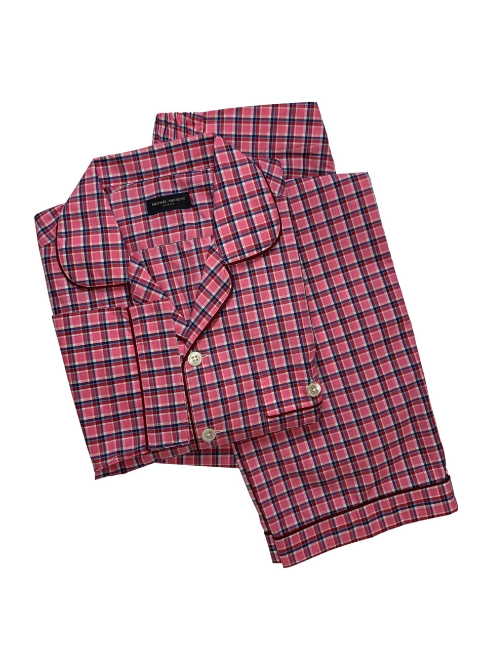 (product) Red & Pink Check Pajama Shirt, laid flat, showcasing its pattern and tailored design - custom suits nyc bespoke tailor midtown, noho