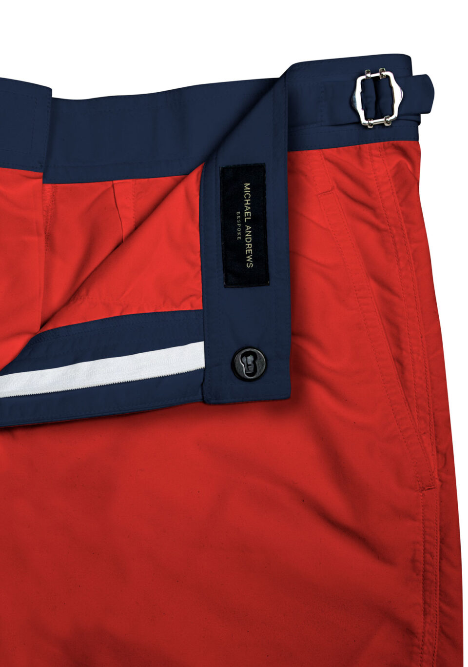 Red Swim Shorts with Navy Waistband, close-up view - custom suits nyc bespoke tailor midtown, noho