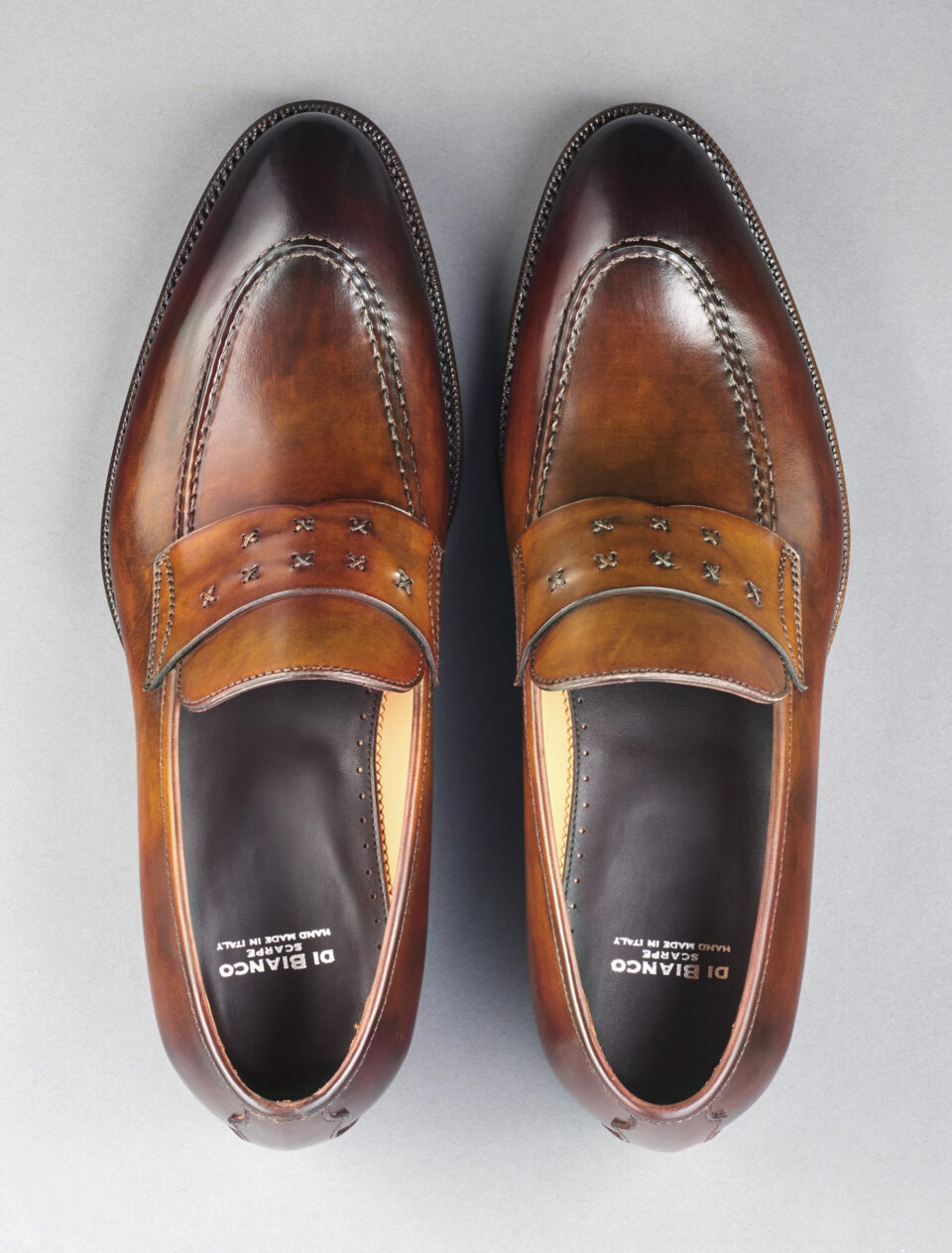 (product) Rimini Marron Loafer, Top view of the pair - custom suits nyc bespoke tailor midtown, noho