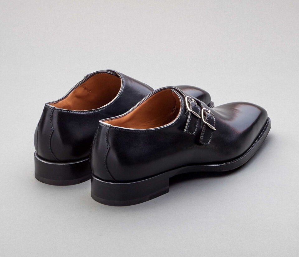 (product) Caravaggio Nero Monk Strap, Angled pair view - custom suits nyc bespoke tailor midtown, noho
