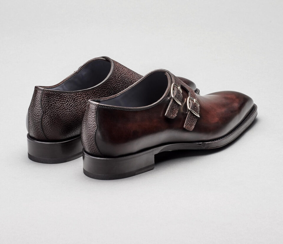 (product) Novara Nero Fondente Monk Strap, Angled pair view - custom suits nyc bespoke tailor midtown, noho