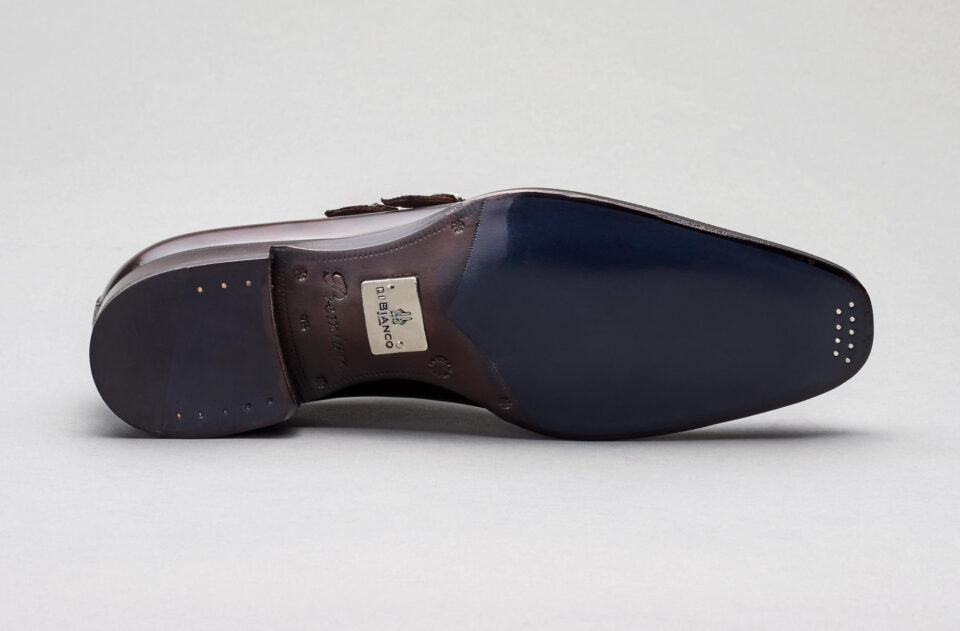 (product) Novara Nero Fondente Monk Strap, Sole view - custom suits nyc bespoke tailor midtown, noho