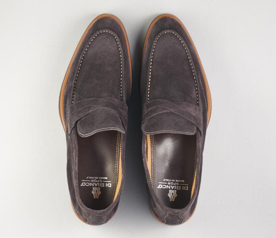 (product) Firenze Lavagna Suede Loafer, Top view of the pair - custom suits nyc bespoke tailor midtown, noho
