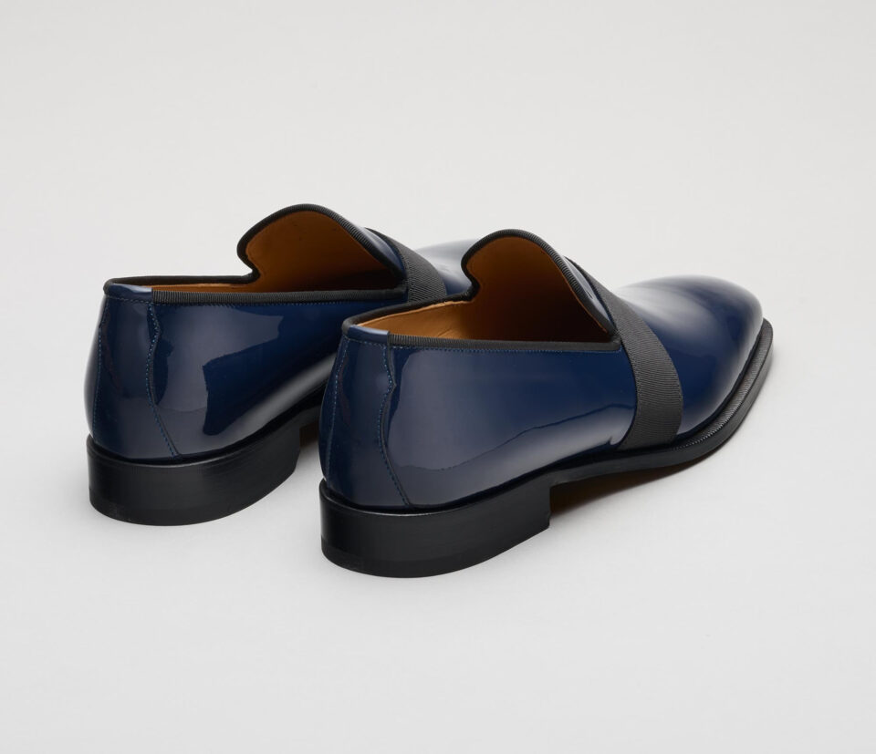 (product) Catania Navy Patent Formal Loafer, Angled pair view - custom suits nyc bespoke tailor midtown, noho