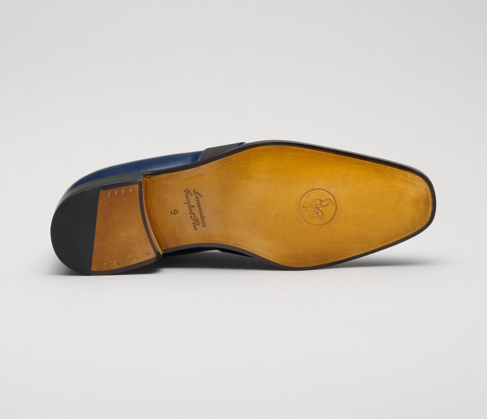 (product) Catania Navy Patent Formal Loafer, Sole view - custom suits nyc bespoke tailor midtown, noho