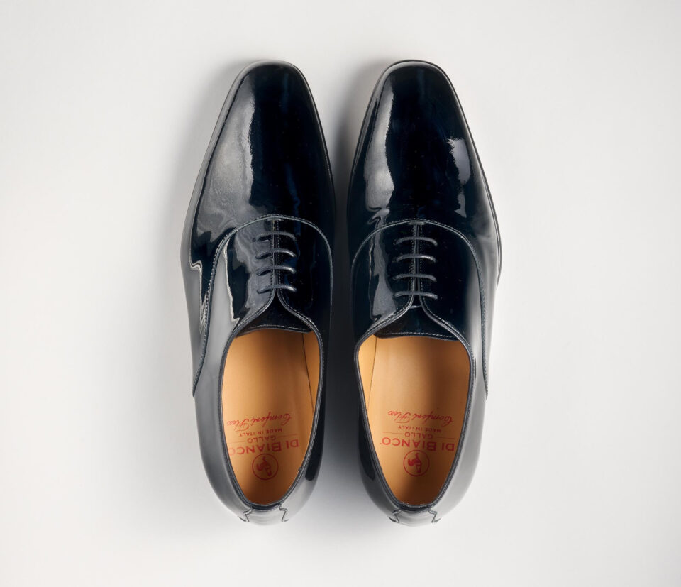(product) Giancarlo Black Patent Oxford, Top view of the pair - custom suits nyc bespoke tailor midtown, noho