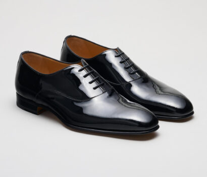 (product) Giancarlo Black Patent Oxford, Front view of the pair - custom suits nyc bespoke tailor midtown, noho