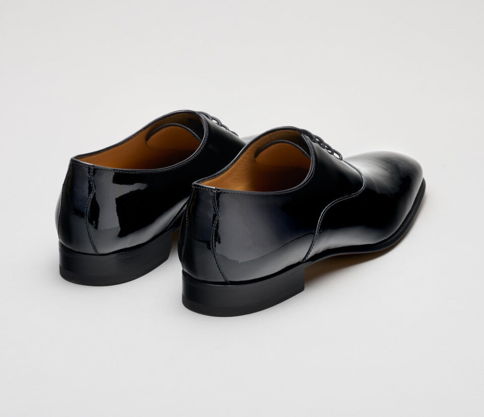 (product) Giancarlo Black Patent Oxford, Angled pair view - custom suits nyc bespoke tailor midtown, noho