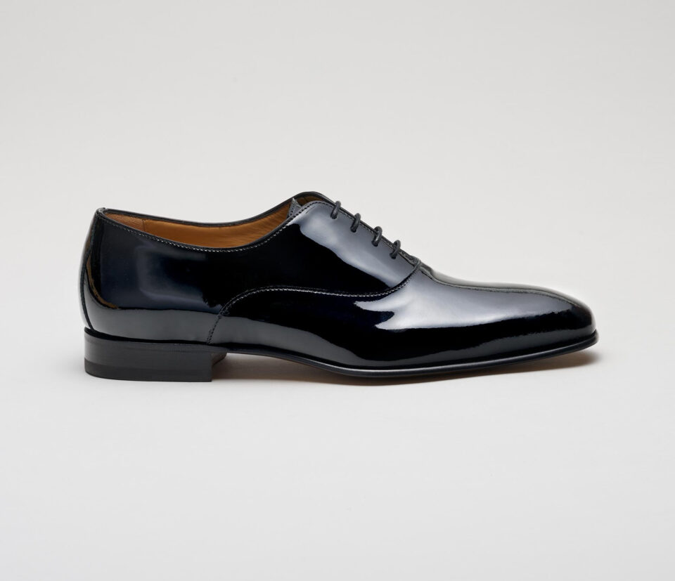 (product) Giancarlo Black Patent Oxford, Single shoe side view - custom suits nyc bespoke tailor midtown, noho