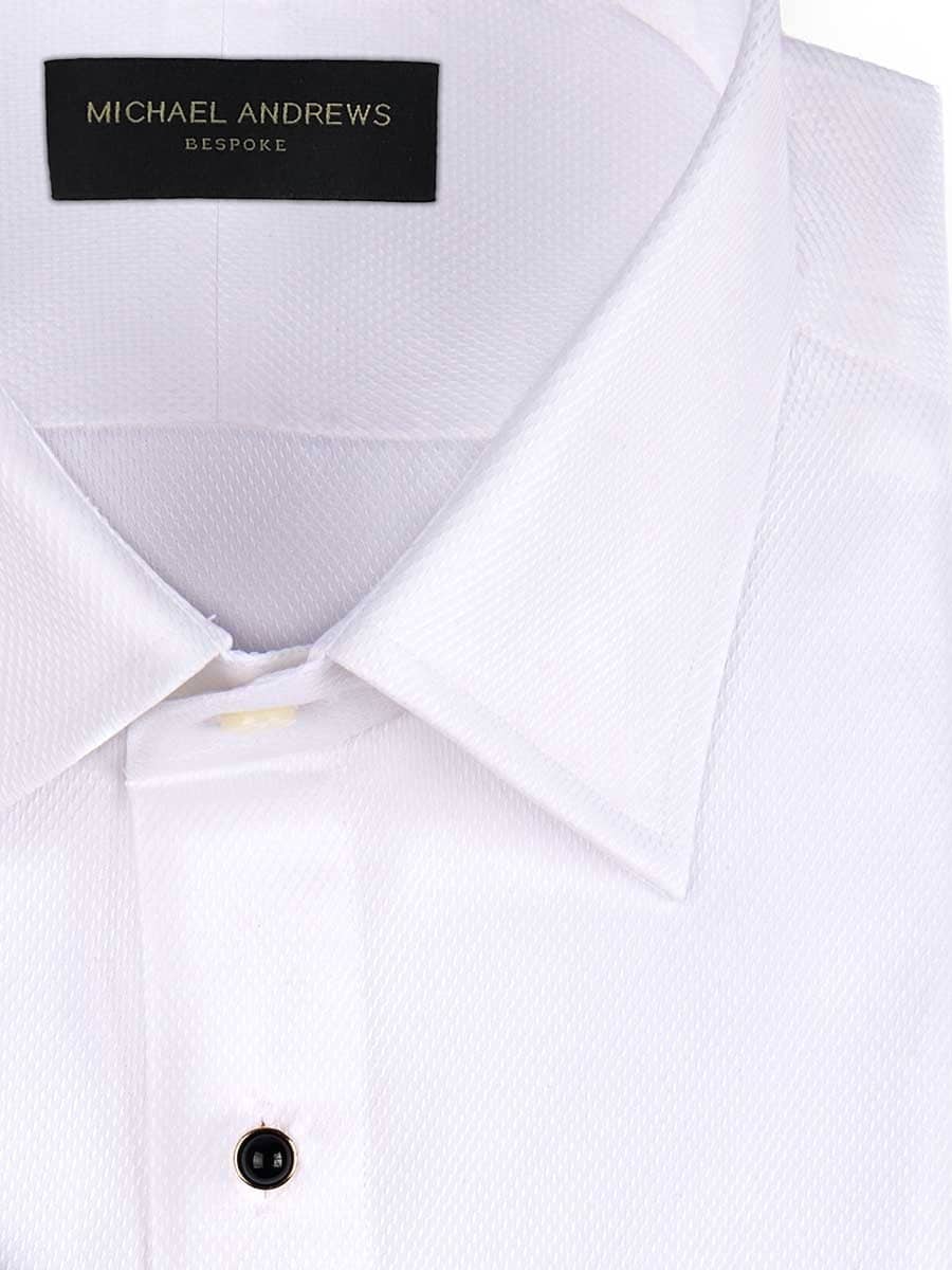 (product) White Pique Stud Front Collar Formal Shirt, close-up view - custom suits nyc bespoke tailor midtown, noho