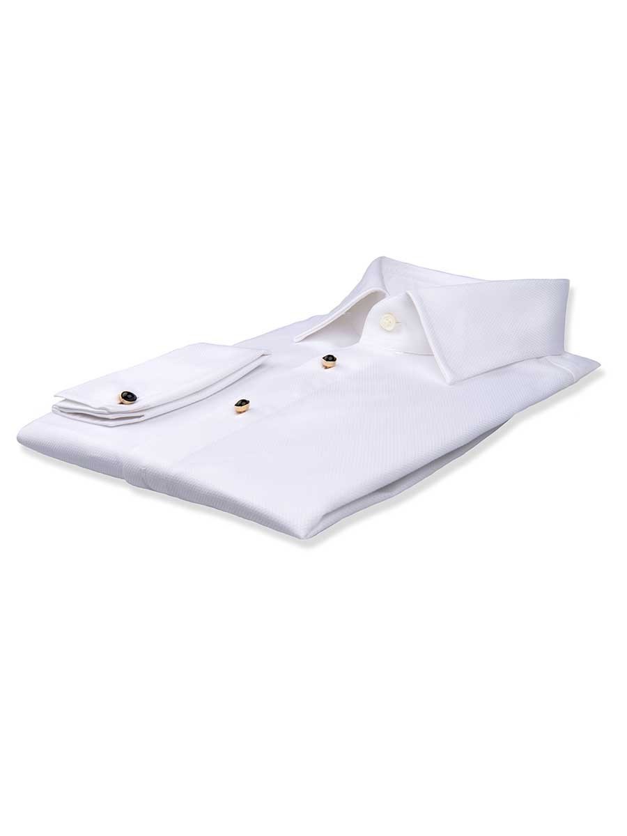 (product) White Pique Stud Front Classic Collar Formal Shirt, folded and displayed flat - custom suits nyc bespoke tailor midtown, noho