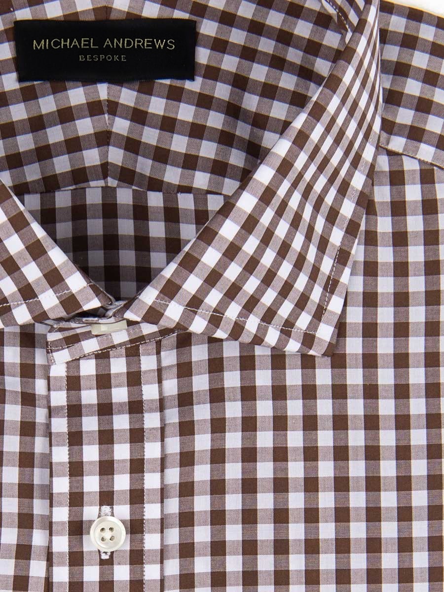 (product) Brown Gingham Spread Collar Shirt, close-up view - custom suits nyc bespoke tailor midtown, noho