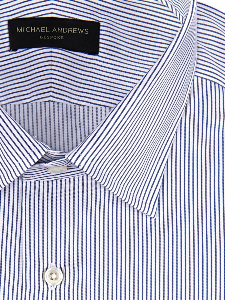 (product) Blue Thin Strip Classic Collar Shirt, close-up view of the collar - custom suits nyc bespoke tailor midtown, noho