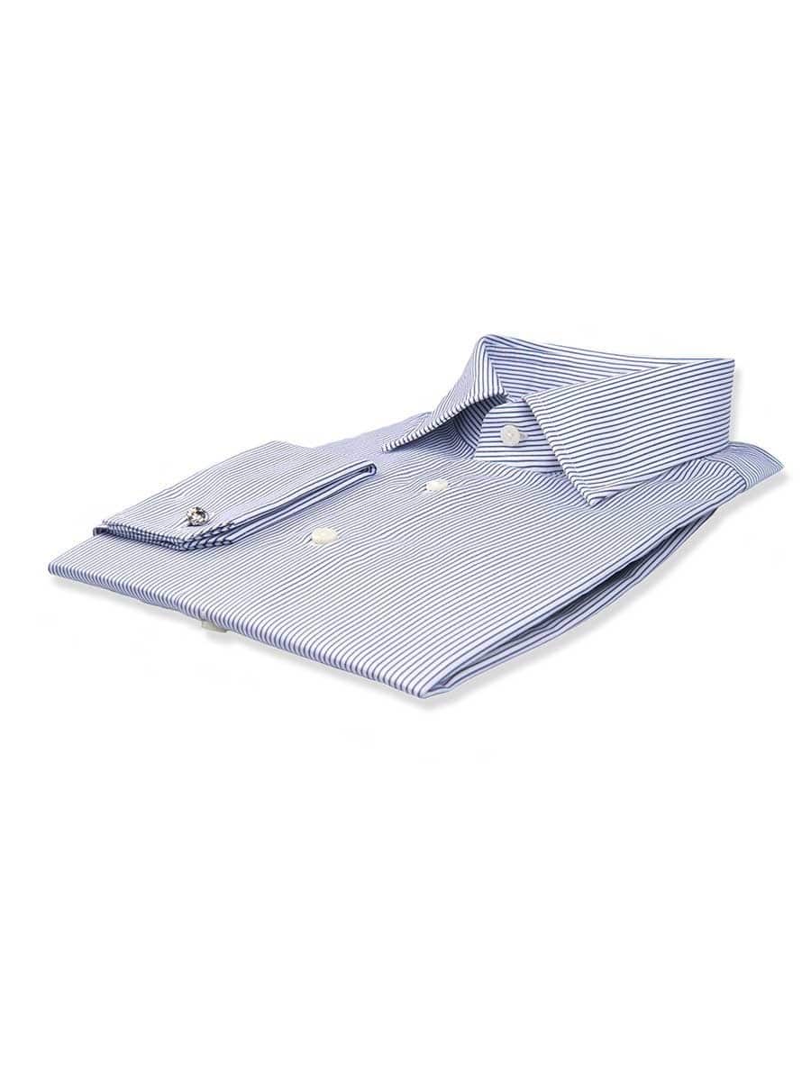 (product) Blue Thin Strip Classic Collar Shirt, folded and displayed flat - custom suits nyc bespoke tailor midtown, noho