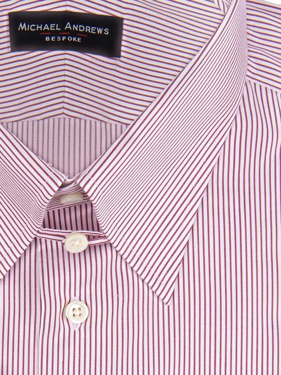 (product) Burgundy Thin Stripe Tab Collar Shirt, close-up view - custom suits nyc bespoke tailor midtown, noho