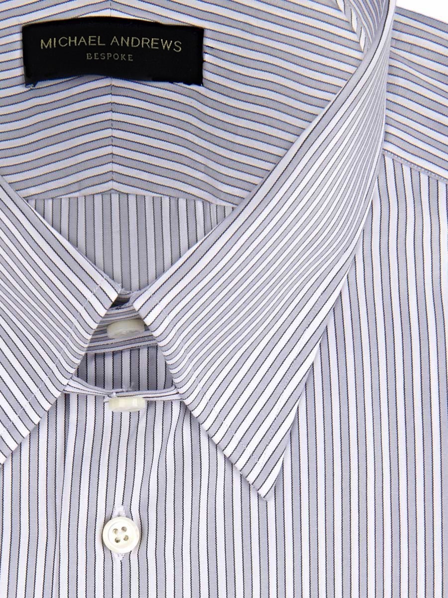 (product) Ice Grey Twill Complex Stripe Tab Collar Shirt, close-up showing fabric texture - custom suits nyc bespoke tailor midtown, noho