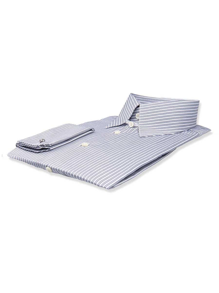 (product) Ice Grey Twill Complex Stripe Tab Collar Shirt, folded and displayed flat - custom suits nyc bespoke tailor midtown, noho