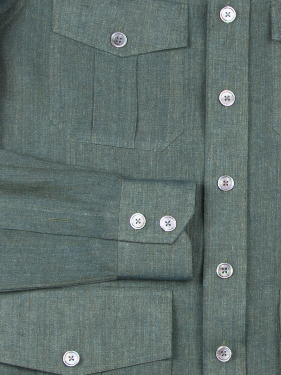 (product) Green Linen Safari Shirt, detailed view of front pockets and buttons - custom suits nyc bespoke tailor midtown, noho