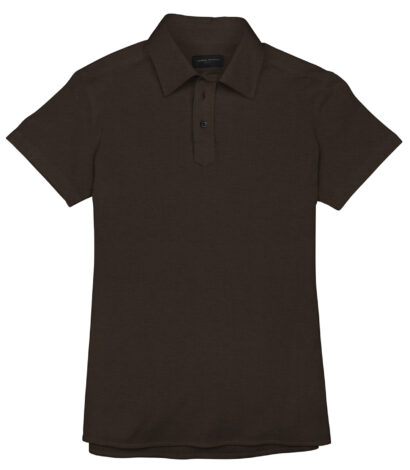 (product) Brown Pique Short Sleeve Polo Shirt, shown in a flat layout - custom suits nyc bespoke tailor midtown, noho