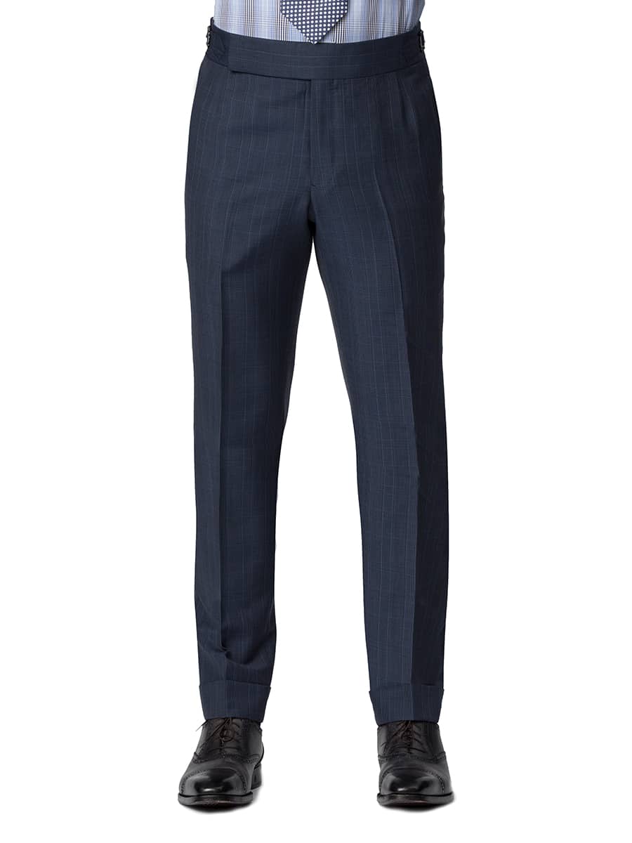 (product) Blue Melange Glen Check Bespoke Suit, pants detail - custom suits nyc bespoke tailor midtown, noho