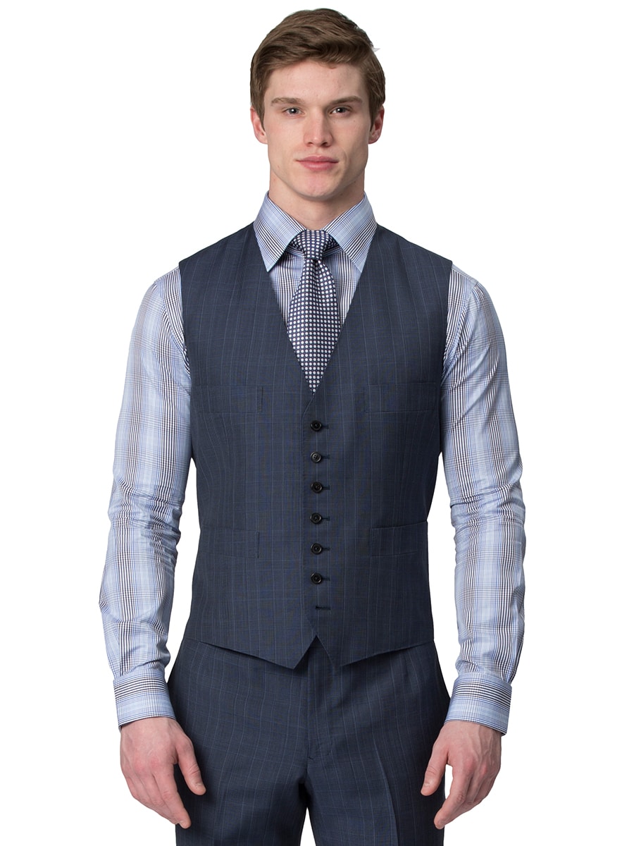(product) Blue Melange Glen Check Bespoke Vest - custom suits nyc bespoke tailor midtown, noho