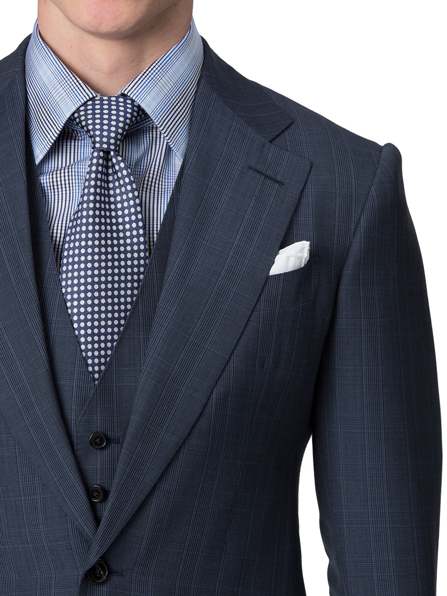 (product) Blue Melange Glen Check Bespoke Suit, lapel detail - custom suits nyc bespoke tailor midtown, noho