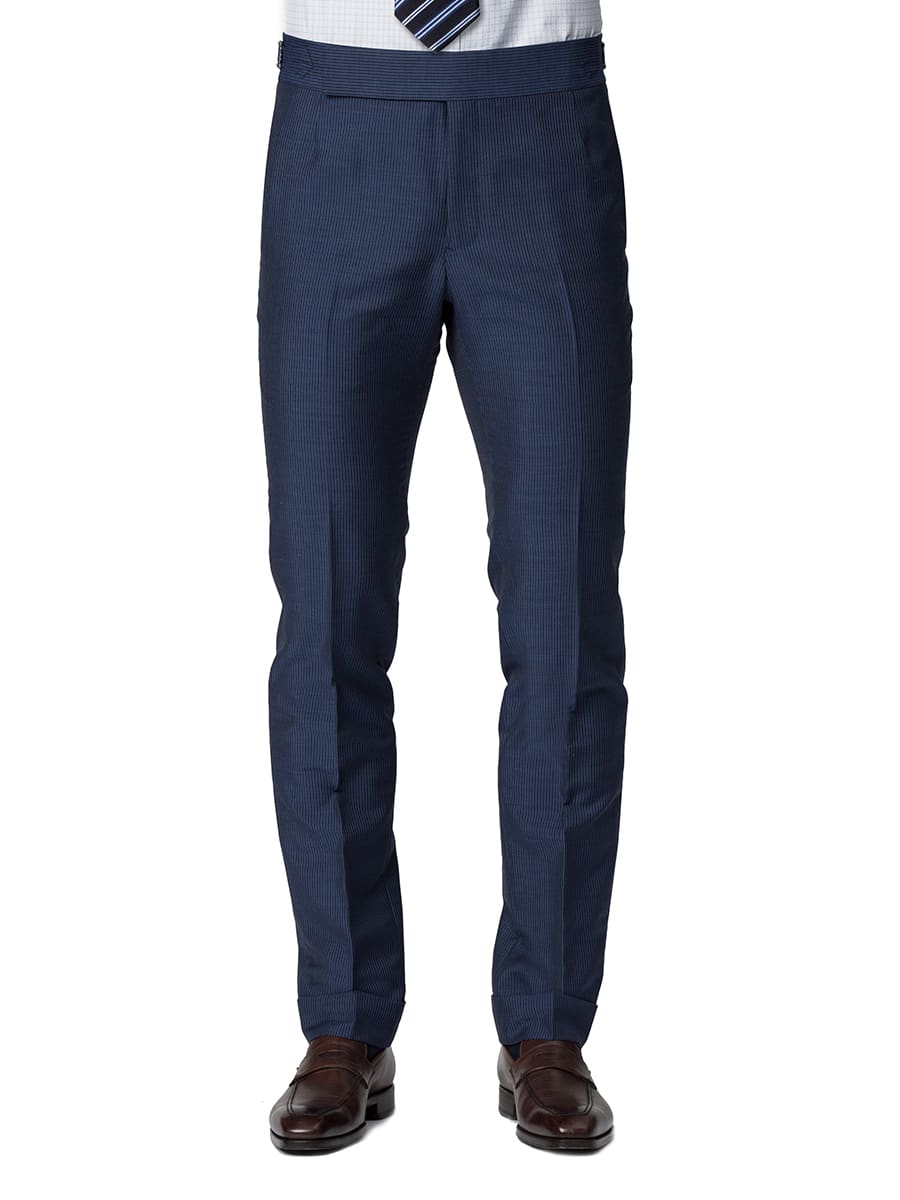 (product) Blue Narrow Stripe Bespoke Suit, pants detail - custom suits nyc bespoke tailor midtown, noho