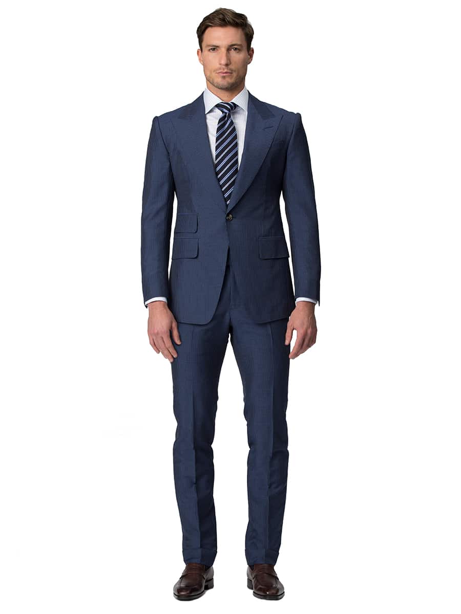 (product) Blue Narrow Stripe Bespoke Suit, full front view - custom suits nyc bespoke tailor midtown, noho
