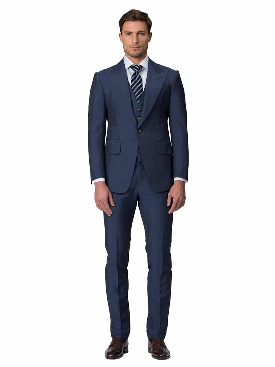 (product) Blue Narrow Stripe Bespoke Suit, full front view - custom suits nyc bespoke tailor midtown, noho