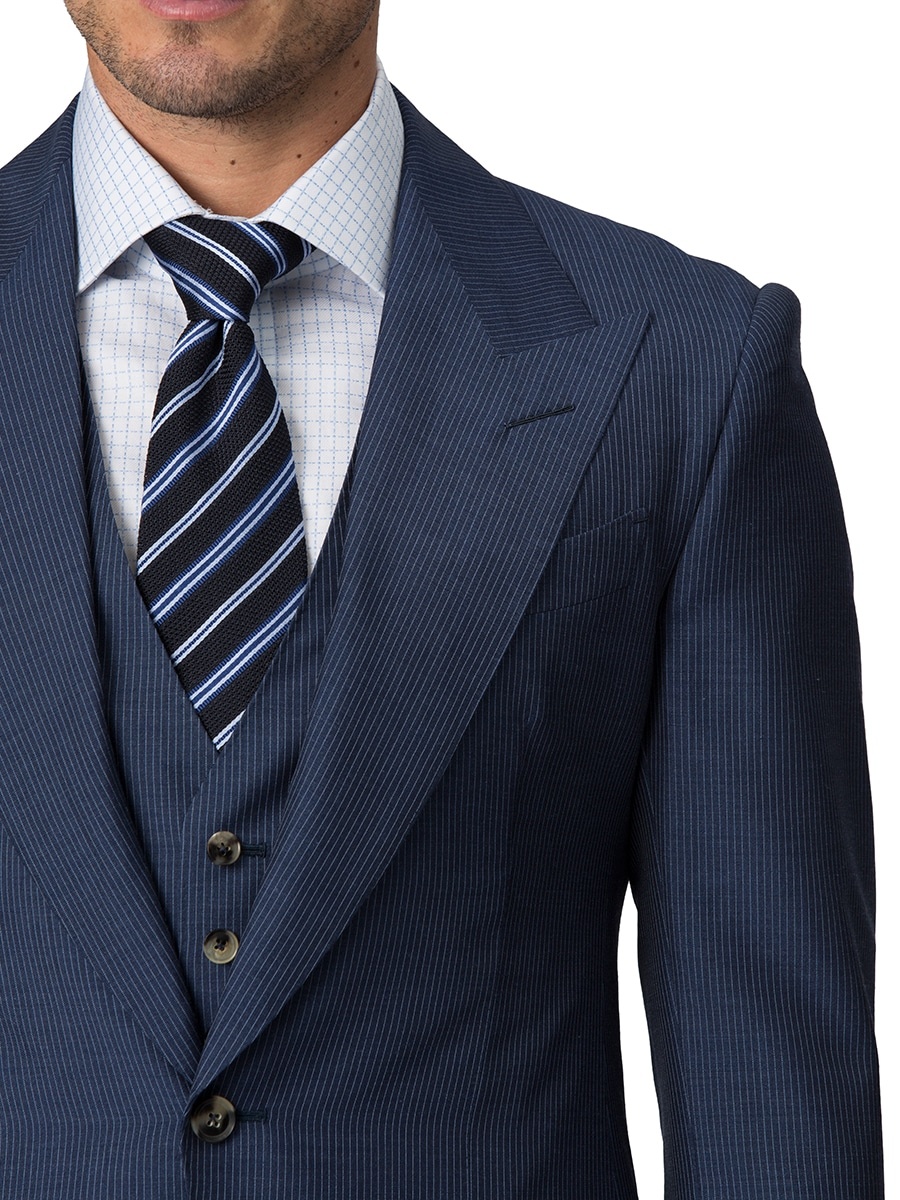 (product) Blue Narrow Stripe Bespoke Suit, lapel detail - custom suits nyc bespoke tailor midtown, noho