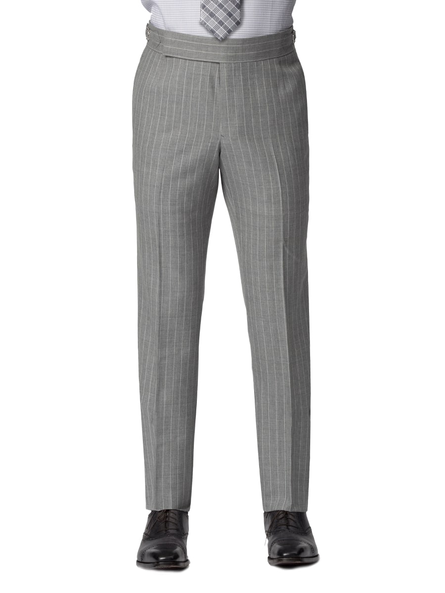 (product) Light Grey Pinstripe Bespoke Suit Trousers, displayed front-facing - custom suits nyc bespoke tailor midtown, noho