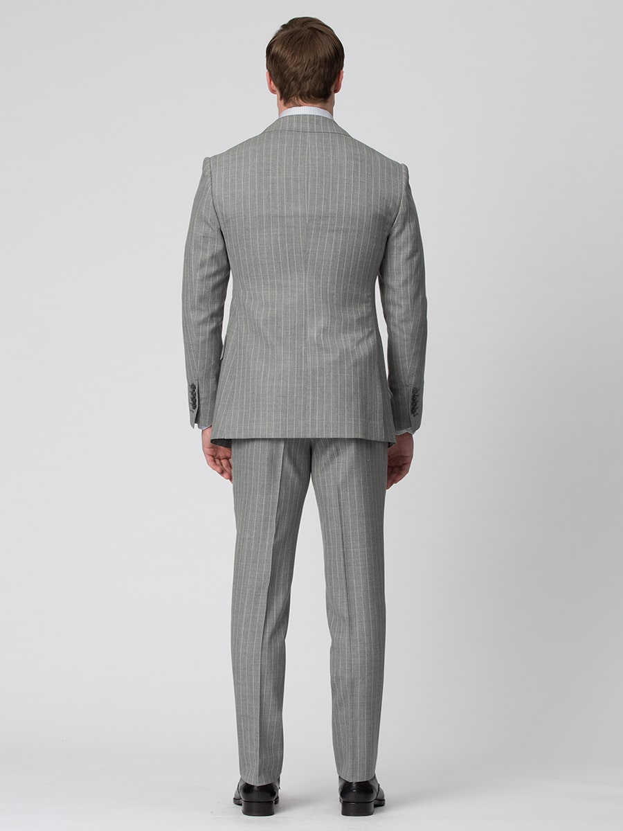 (product) Light Grey Pinstripe Bespoke Suit, back view showcasing the tailored fit - custom suits nyc bespoke tailor midtown, noho