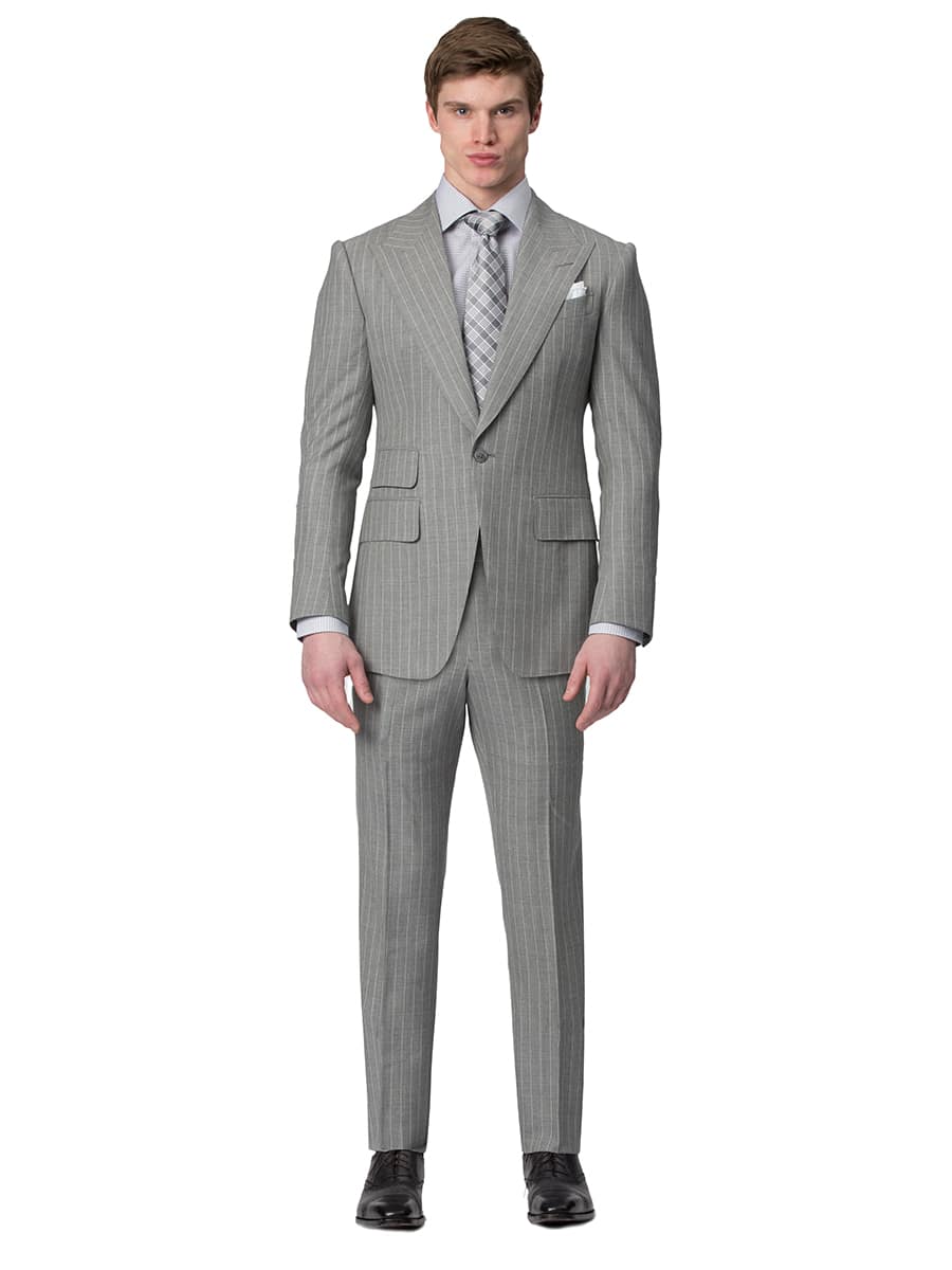 (product) Light Grey Pinstripe Bespoke Suit, full-length view - custom suits nyc bespoke tailor midtown, noho