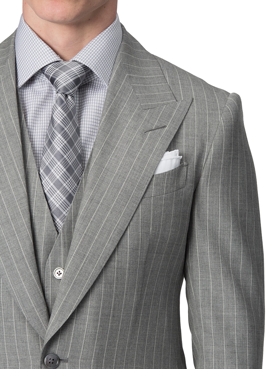 (product) Light Grey Pinstripe Bespoke Suit, lapel detail - custom suits nyc bespoke tailor midtown, noho