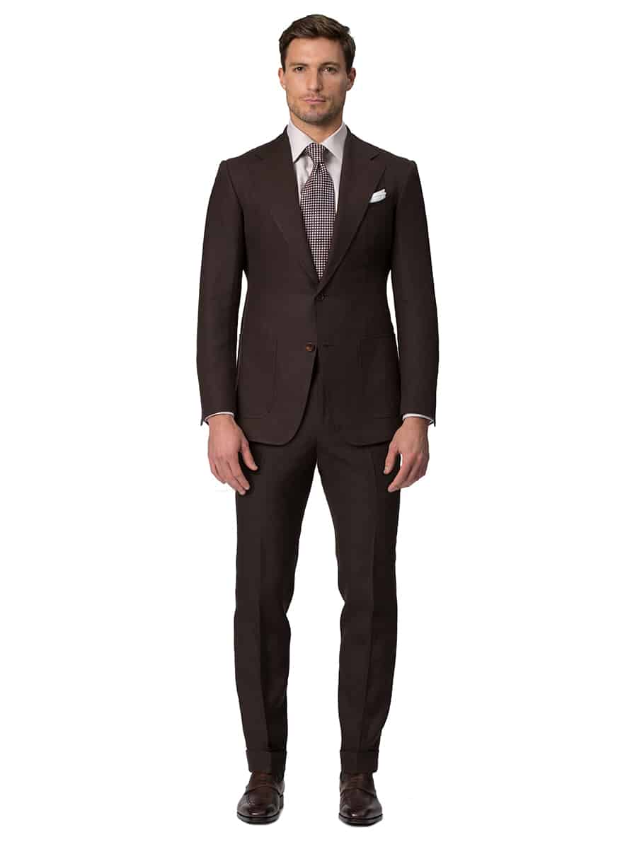 (product) Dark Brown Linen Bespoke Suit, full front view - custom suits nyc bespoke tailor midtown, noho