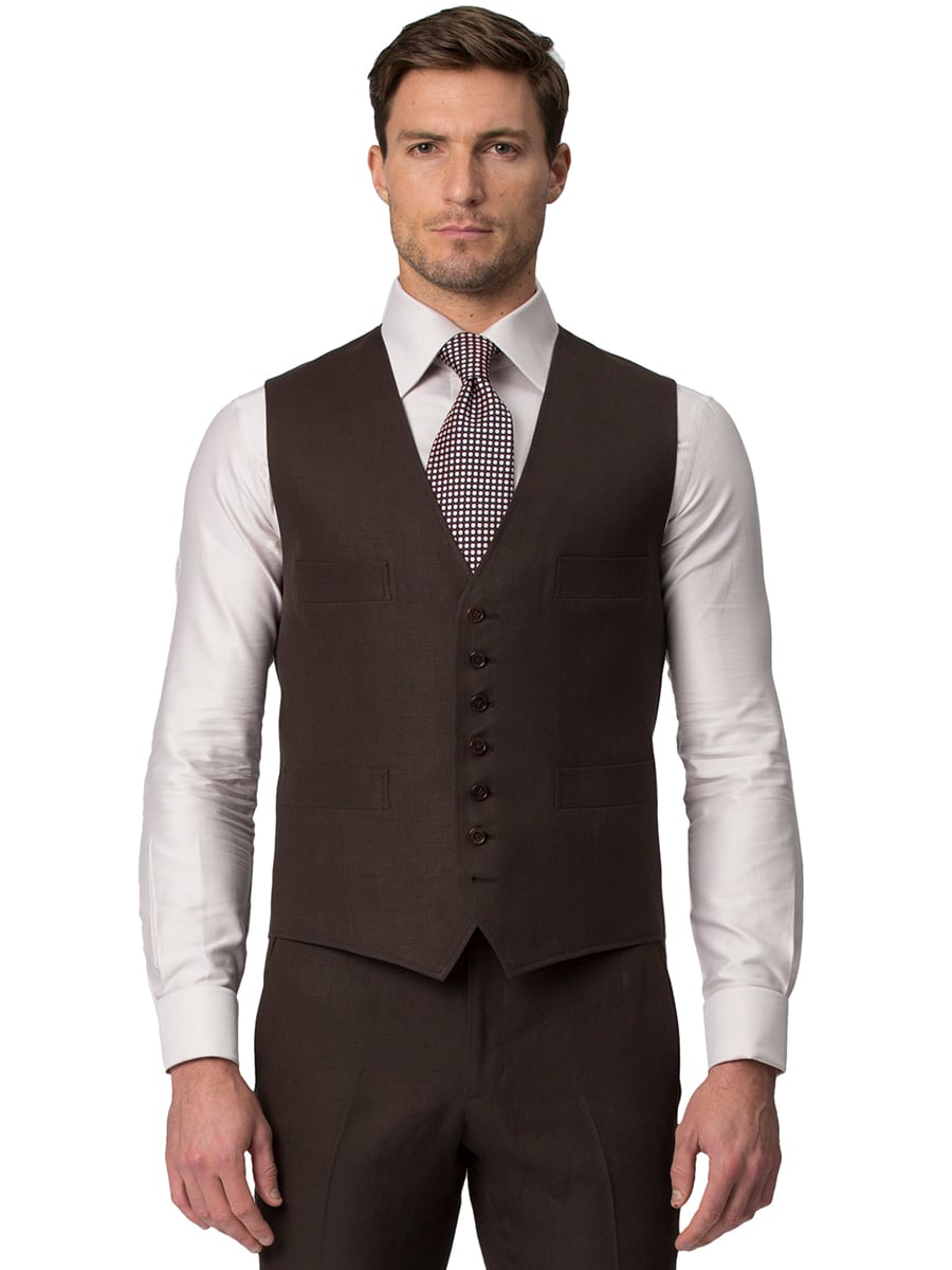 (product) Dark Brown Linen Bespoke Vest - custom suits nyc bespoke tailor midtown, noho