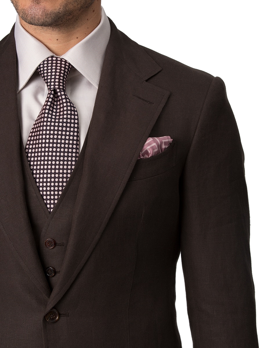 (product) Dark Brown Linen Bespoke Suit, lapel detail - custom suits nyc bespoke tailor midtown, noho