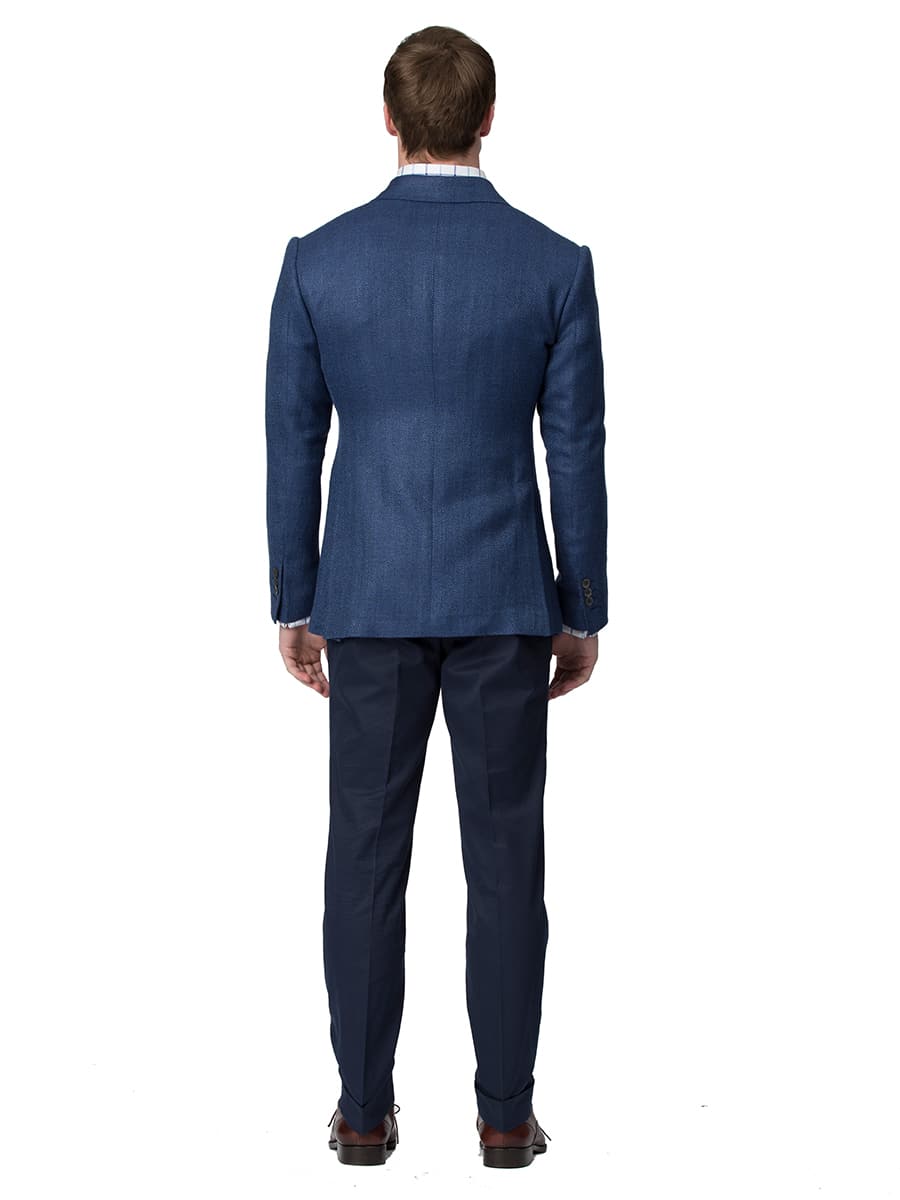 (product) Sky Blue Textured Herringbone Bespoke Sport Coat, back view - custom suits nyc bespoke tailor midtown, noho