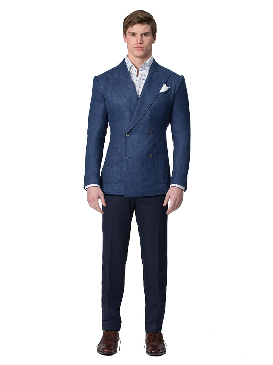 (product) Sky Blue Textured Herringbone Bespoke Sport Coat, front view - custom suits nyc bespoke tailor midtown, noho