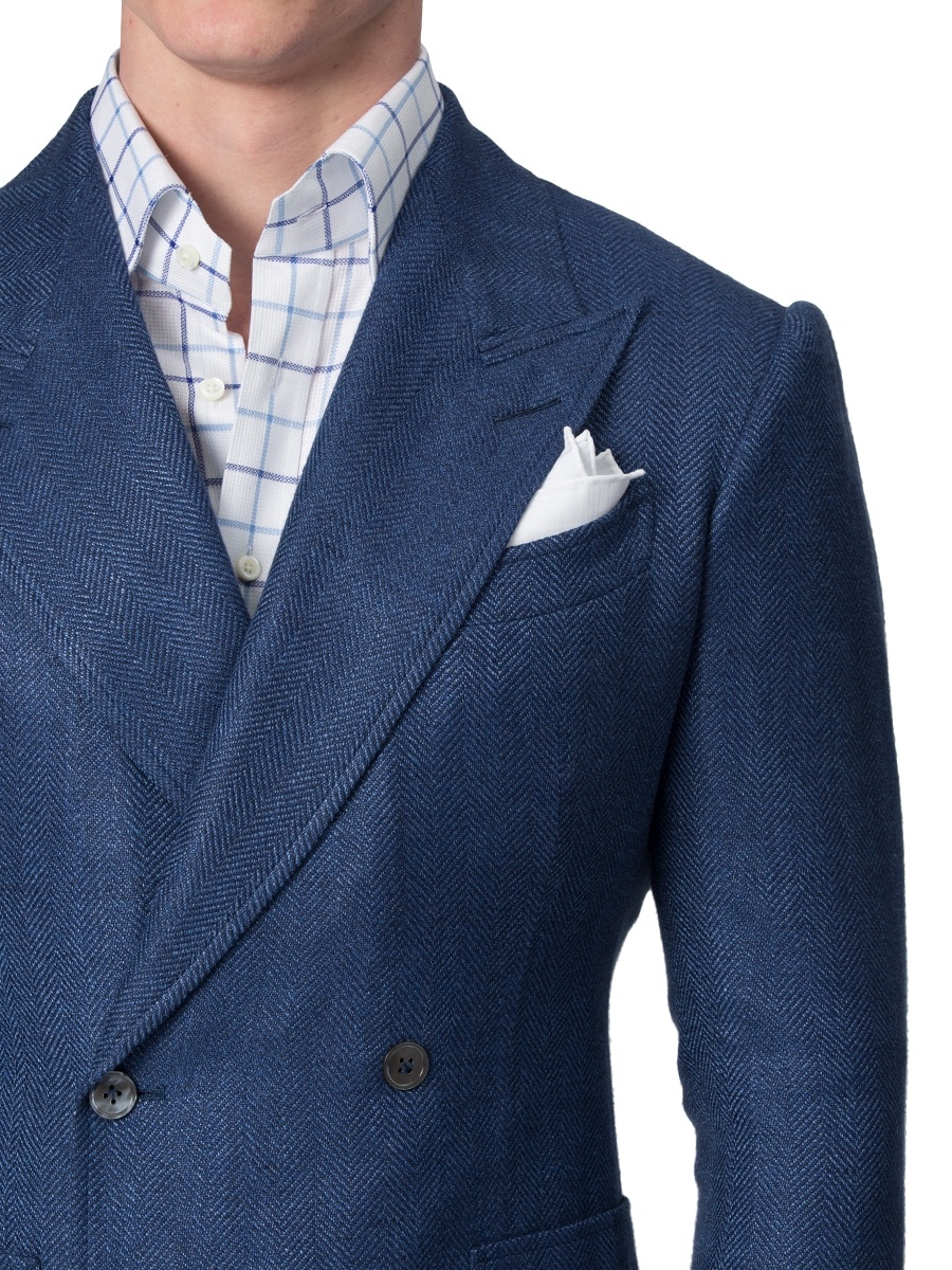 (product) Sky Blue Textured Herringbone Bespoke Sport Coat, lapel detail - custom suits nyc bespoke tailor midtown, noho