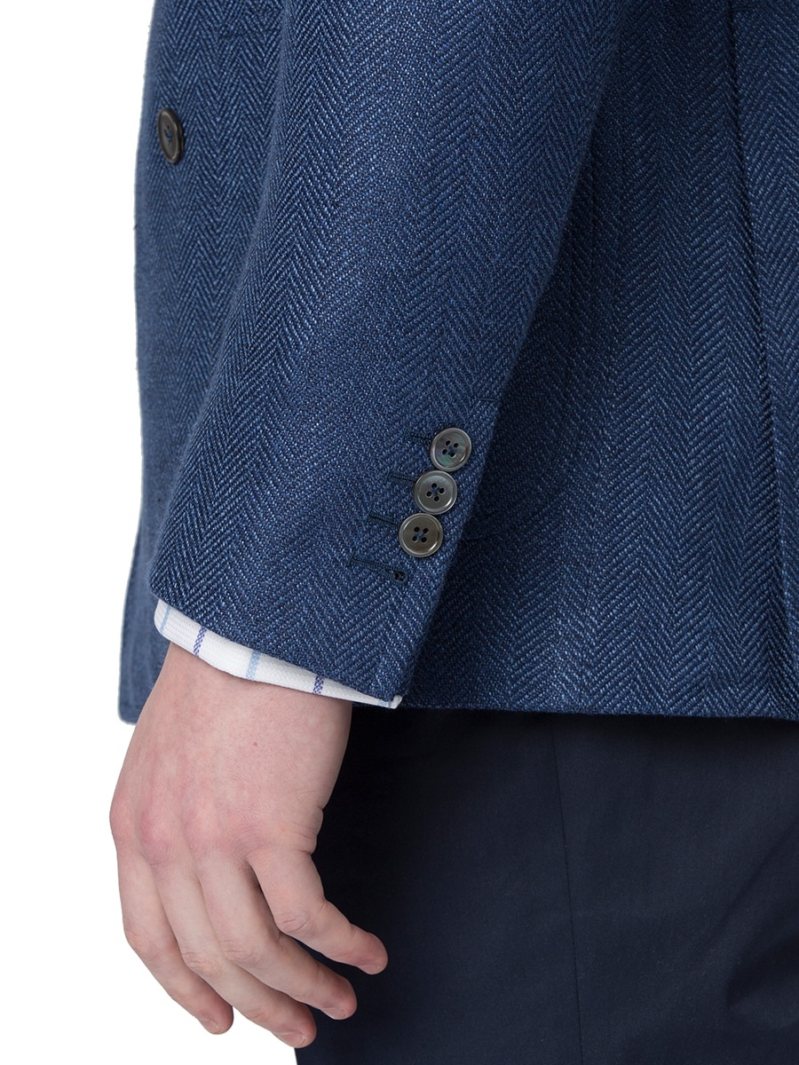 (product) Sky Blue Textured Herringbone Bespoke Sport Coat, cuff detail - custom suits nyc bespoke tailor midtown, noho