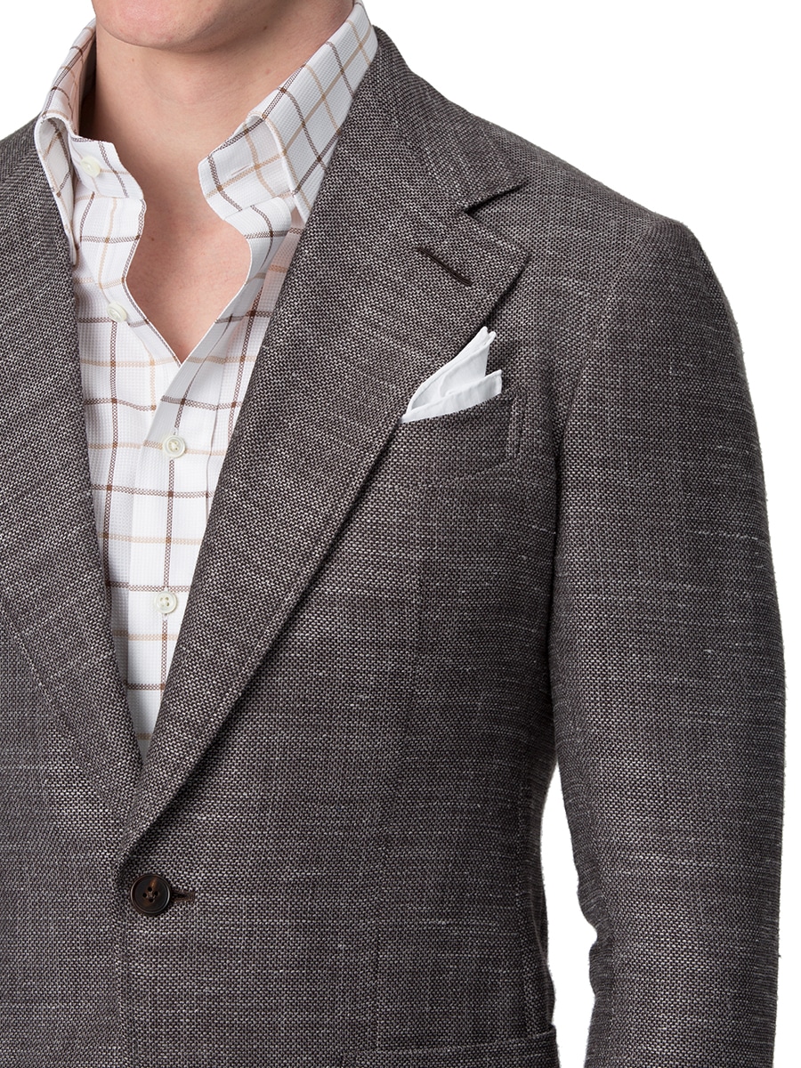 (product) Brown Textured Hopsack Bespoke Sport Coat, lapel detail - custom suits nyc bespoke tailor midtown, noho