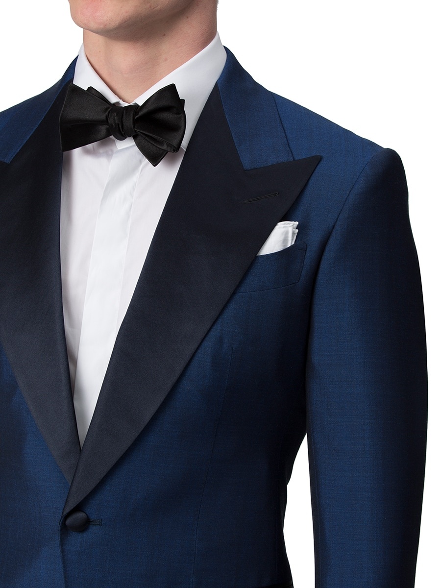 (product) French Blue Mohair & Silk Bespoke Dinner Jacket, lapel detail - custom suits nyc bespoke tailor midtown, noho
