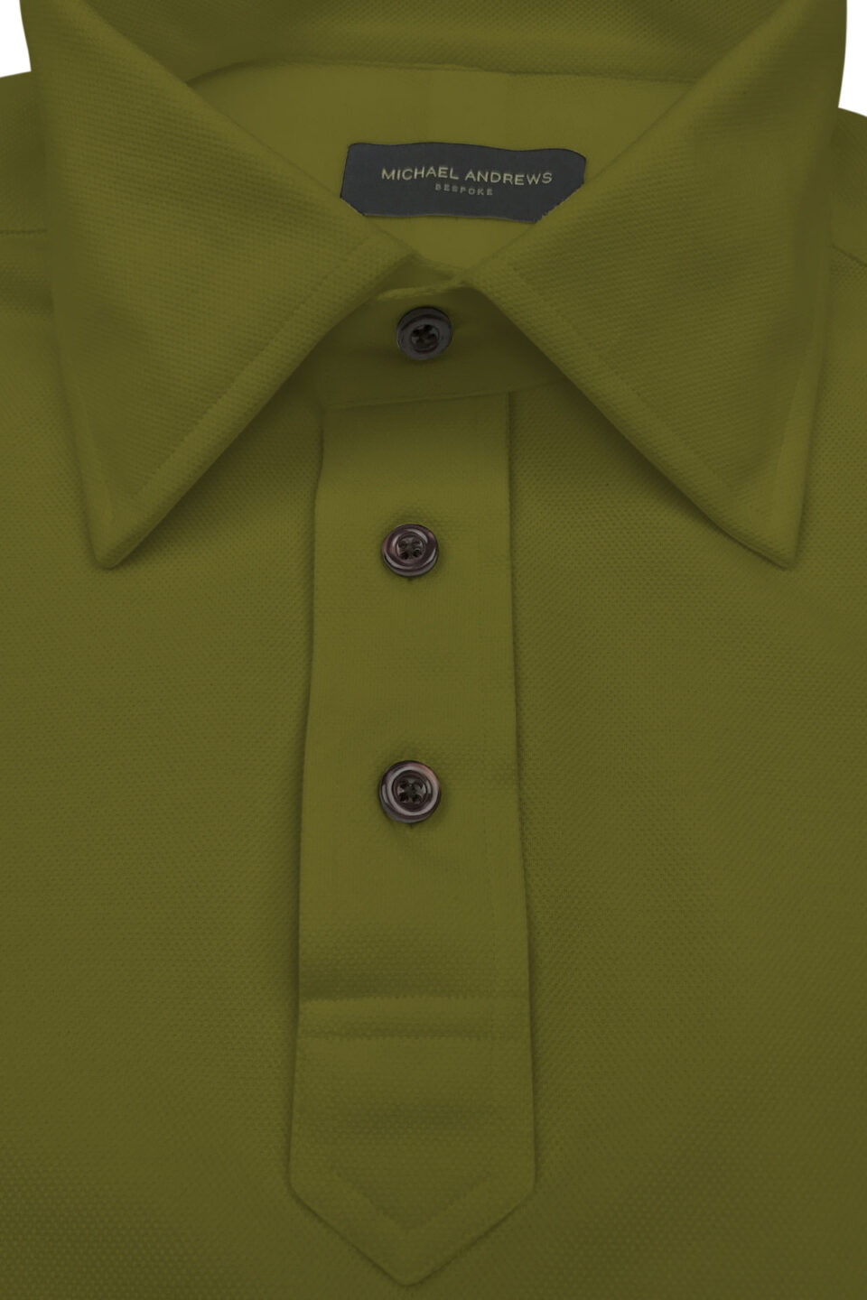 (product) Army Green Pique Polo Shirt, close-up of collar and buttons - custom suits nyc bespoke tailor midtown, noho