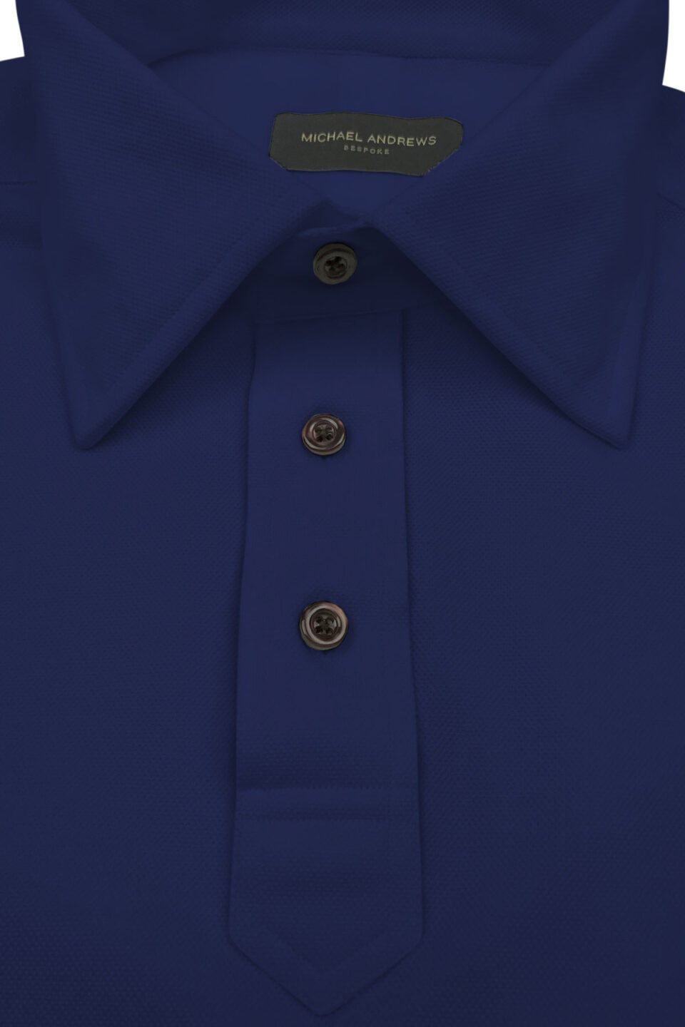 (product) Royal Blue Pique Polo Shirt, close-up of collar and buttons - custom suits nyc bespoke tailor midtown, noho